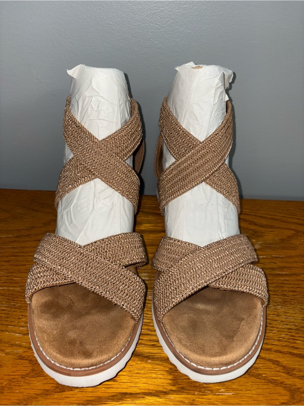 BOBS from Sketchers Woven Strappy Platform Espadrille Sandals Tan Taupe Size 8.5 - Picture 11 of 16